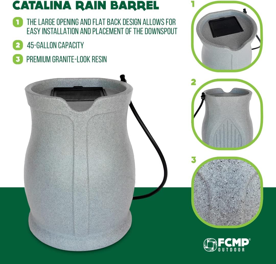 FCMP Outdoor Catalina 45 Gallon Rain Water Barrel Catcher System, Light Granite Z509076