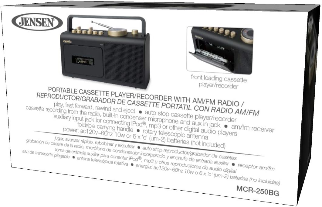 Jensen MCR-250 Portable Boombox Retro AM/FM Radio Cassette Player Recorder with Aux Input, Gold Edition W498
