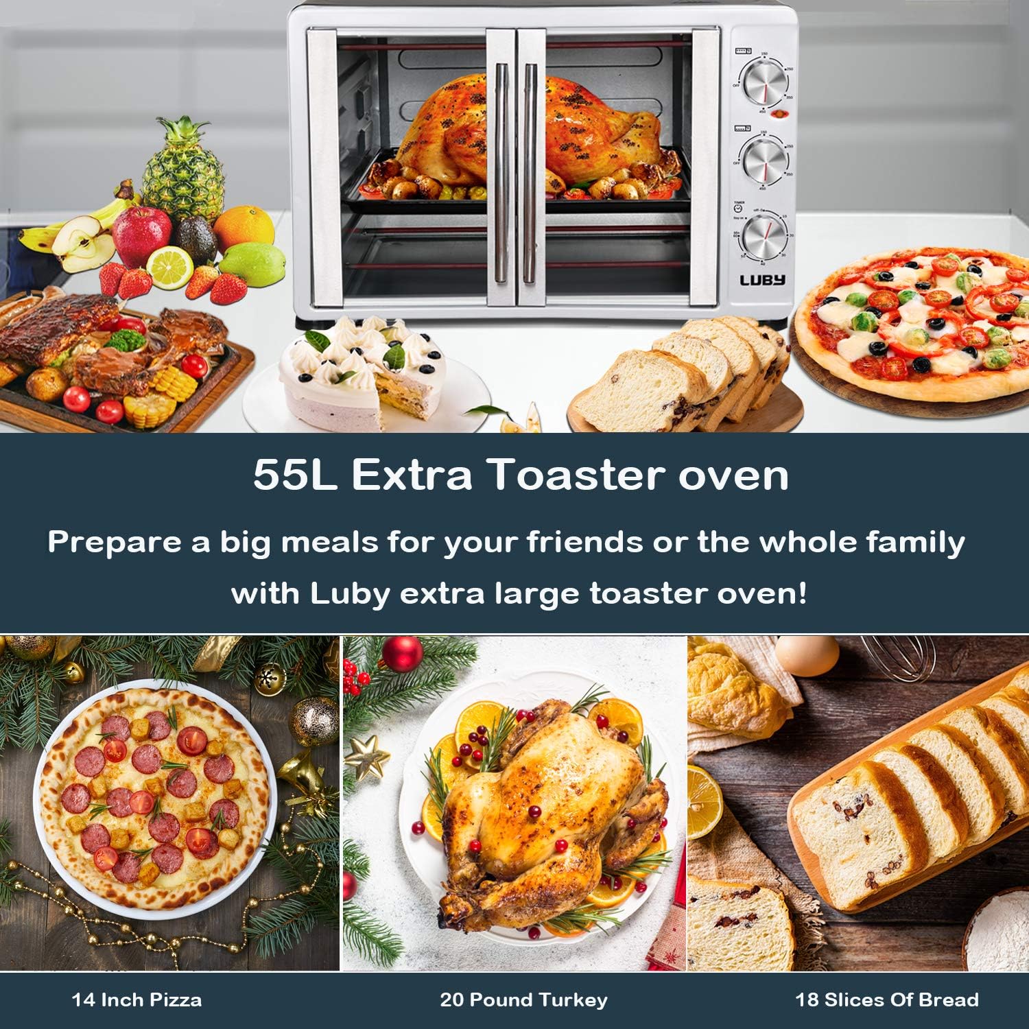 LUBY Large Toaster Oven Countertop, French Door, 55L, Silver K992109