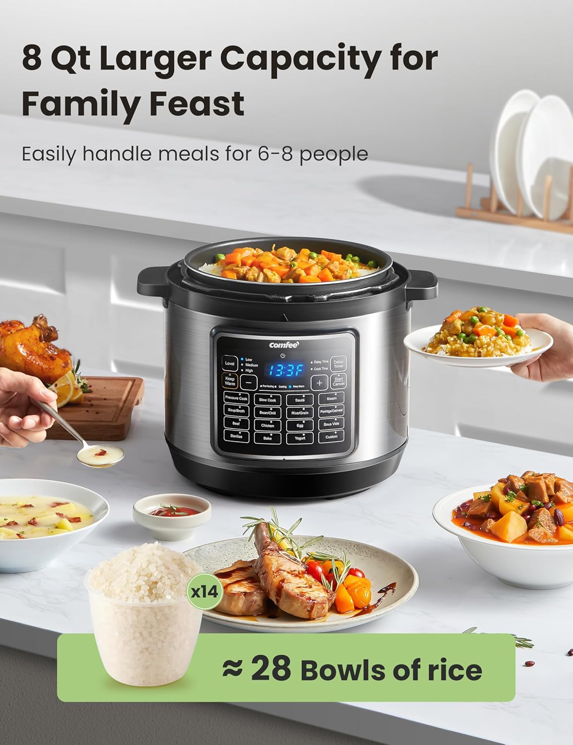 COMFEE’ 8 Quart Electric Pressure Cooker Multi Cooker Stainless Steel C75057