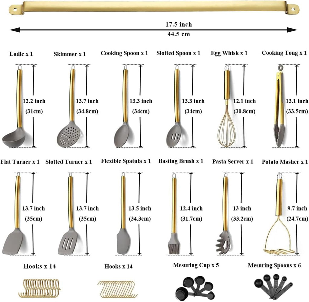 Kyraton 38 Piece Gold Kitchen Utensils Set with Rack, Silicone, Dishwasher Safe A712