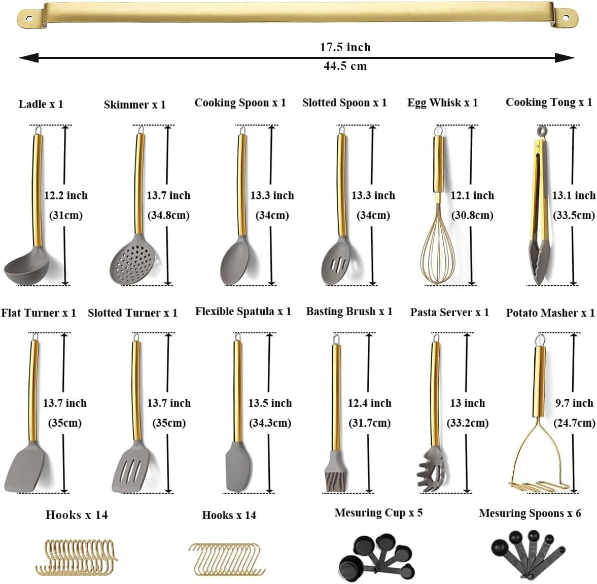Kyraton 38 Piece Gold Kitchen Utensils Set with Rack, Silicone, Dishwasher Safe A712