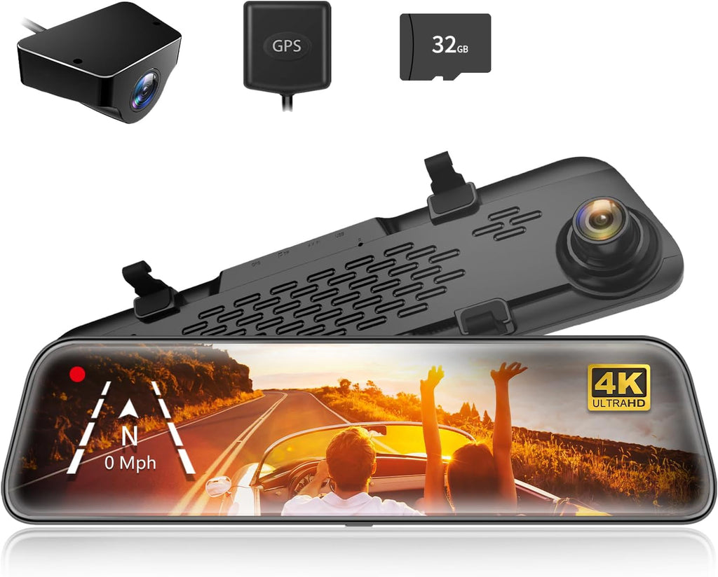 WOLFBOX G840S 12" 4K Mirror Dash Cam Backup Camera, 2160P Full HD Smart Rearview Mirror for Cars & Trucks, Front and Rear View Dual Cameras, Night Vision, Parking Assistance, Free 32GB Card & GPS