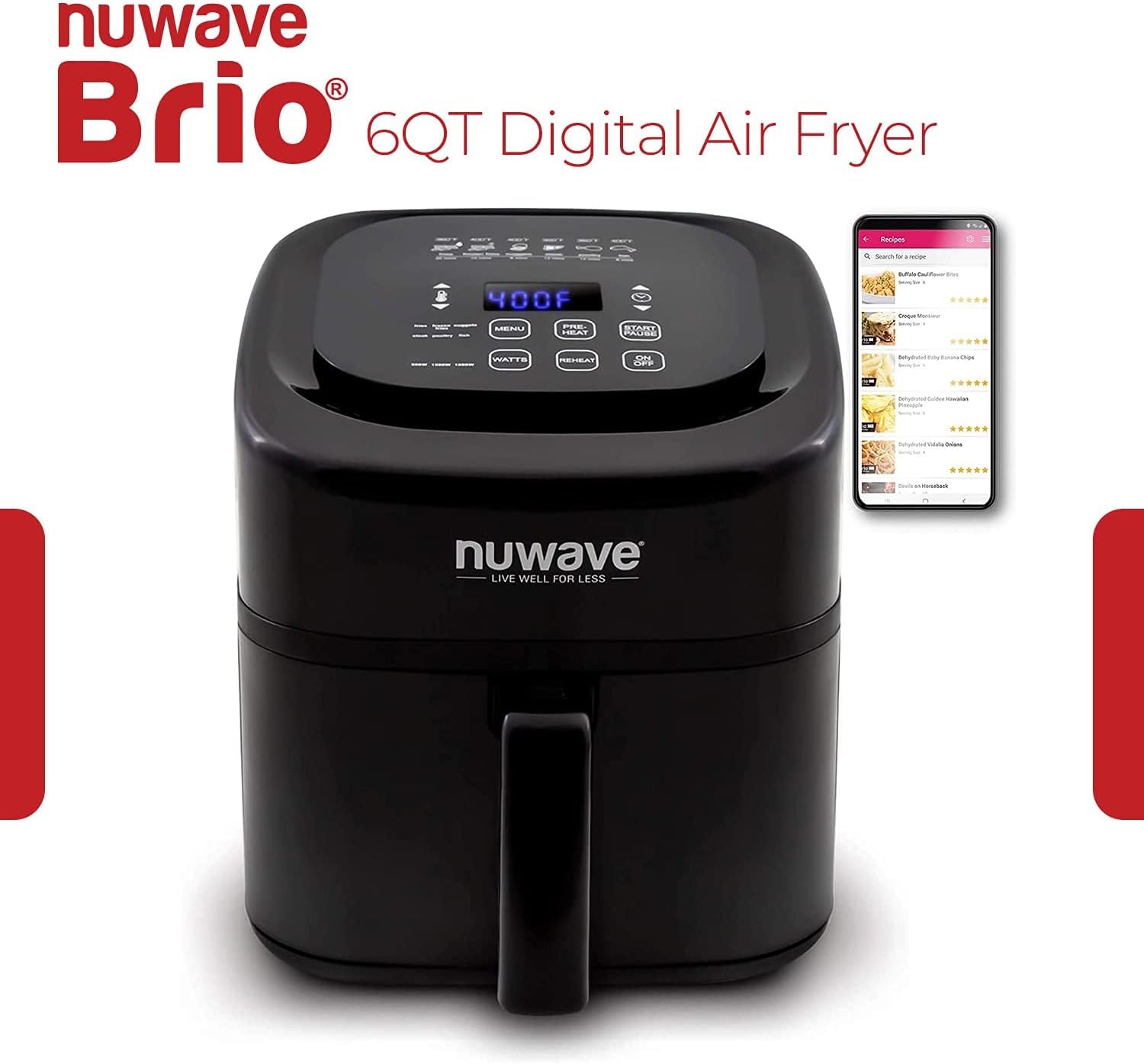 Nuwave Brio 6-Quart Digital Air Fryer with Non-Stick Baking Pan and Cooking Rack, Black G9833