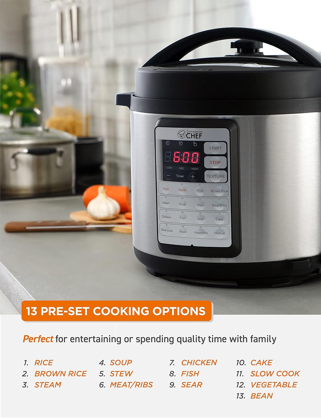 Commercial Chef Electric Pressure Cooker 6.3 Qt, Stainless Steel Interior Y517