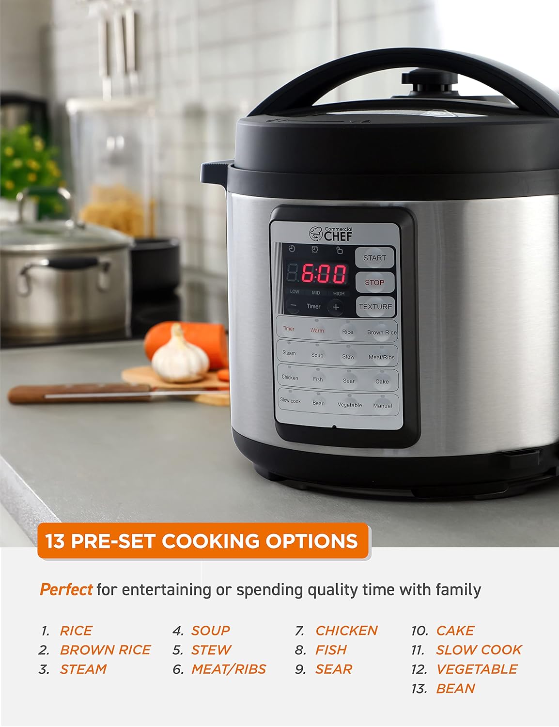 Commercial Chef Electric Pressure Cooker 6.3 Qt, Stainless Steel Interior Y517