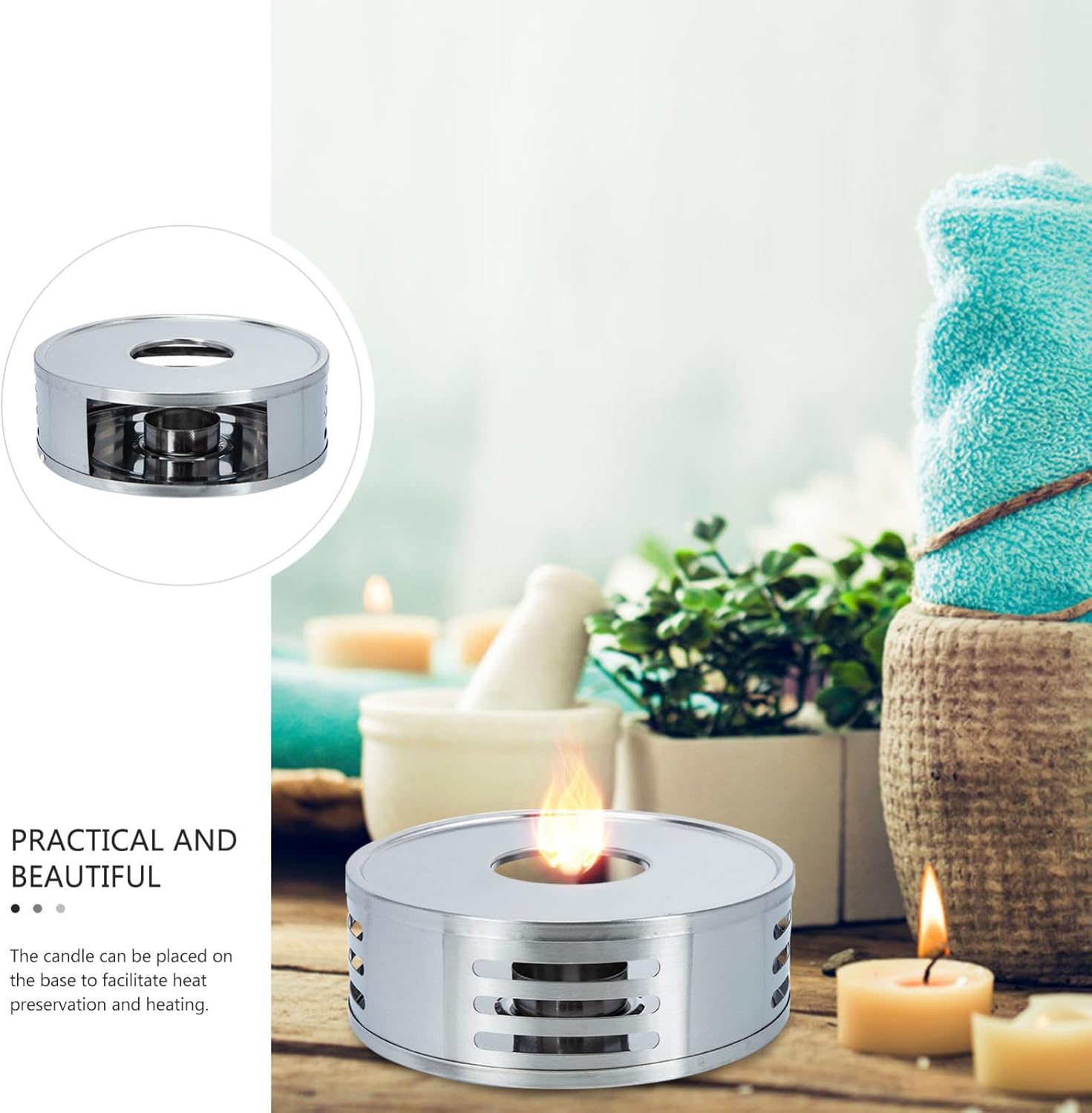 PRETYZOOM Stainless Steel Tea Warmer Ceramic Candle Holder Base B79386