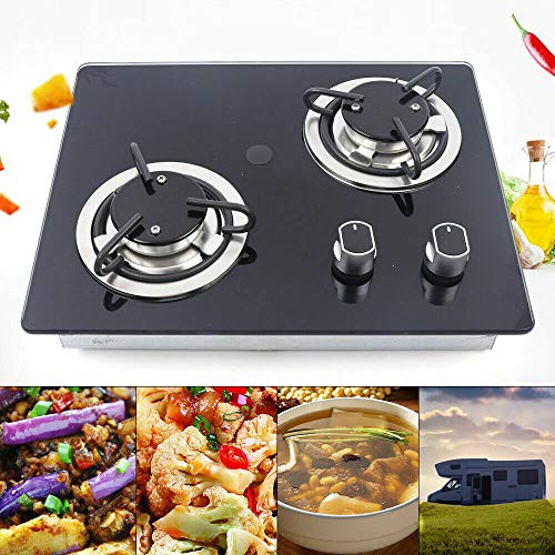 2 Burner RV Cooktop Propane Stove, Tempered Glass Stainless Steel Gas Hob B70455