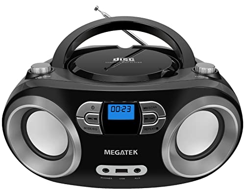 Megatek CB-M25BT Portable CD Player Boombox with FM Radio, Bluetooth Wireless & Enhanced Sound, CD-R/CD-RW/MP3/WMA Playback, USB Port, AUX Input, Headphone Jack, LCD Display, AC/Battery Powered