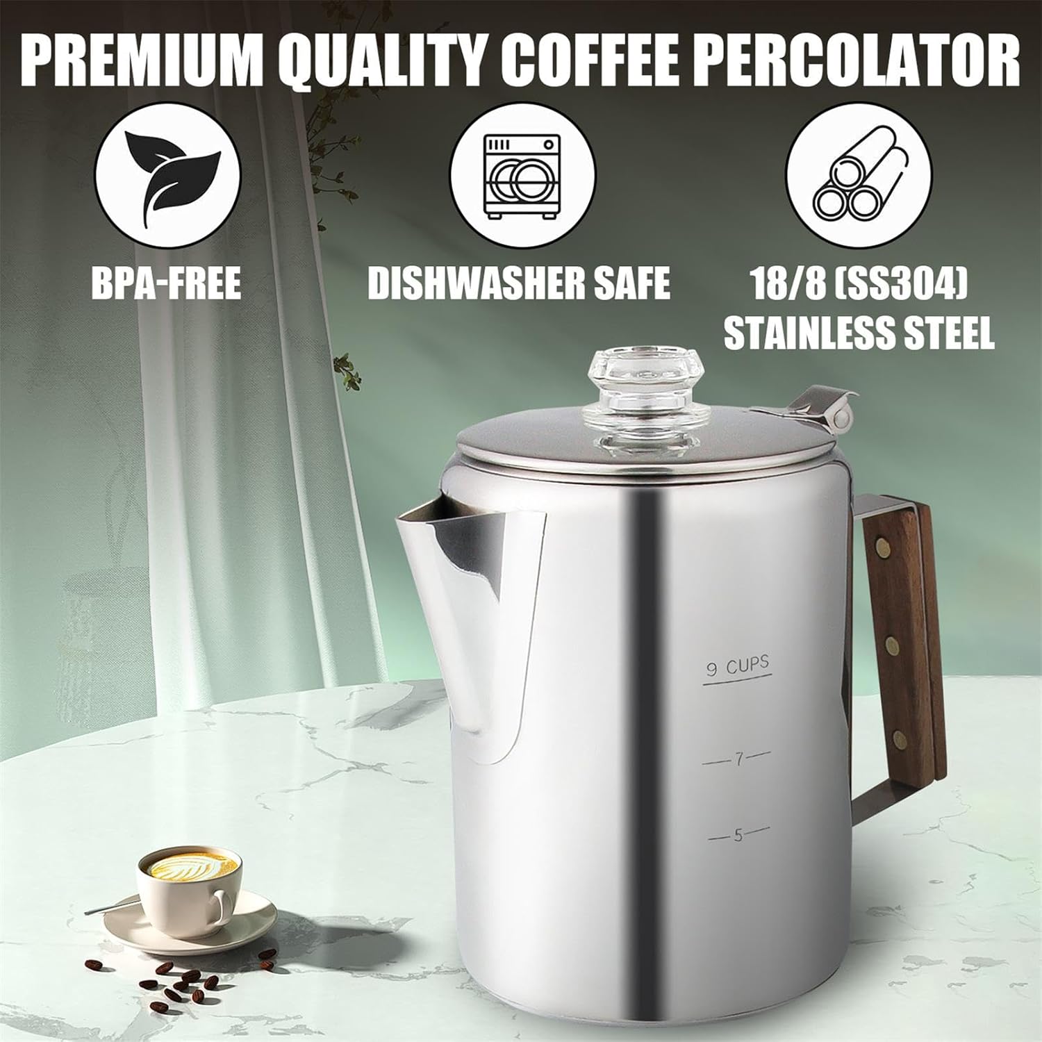 Stainless Steel Coffee Percolator 9 Cup with Heat Resistant Glass Knob W17517