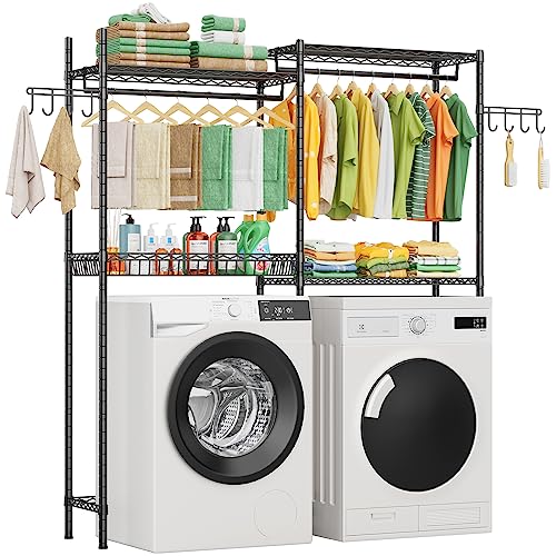 LEHOM Clothes Drying Rack,Over The Washer and Dryer Storage Shelf,Over Dryer Towel Racks Bathroom Space Saving 2 Tiers Adjustable Height Standing Shelving