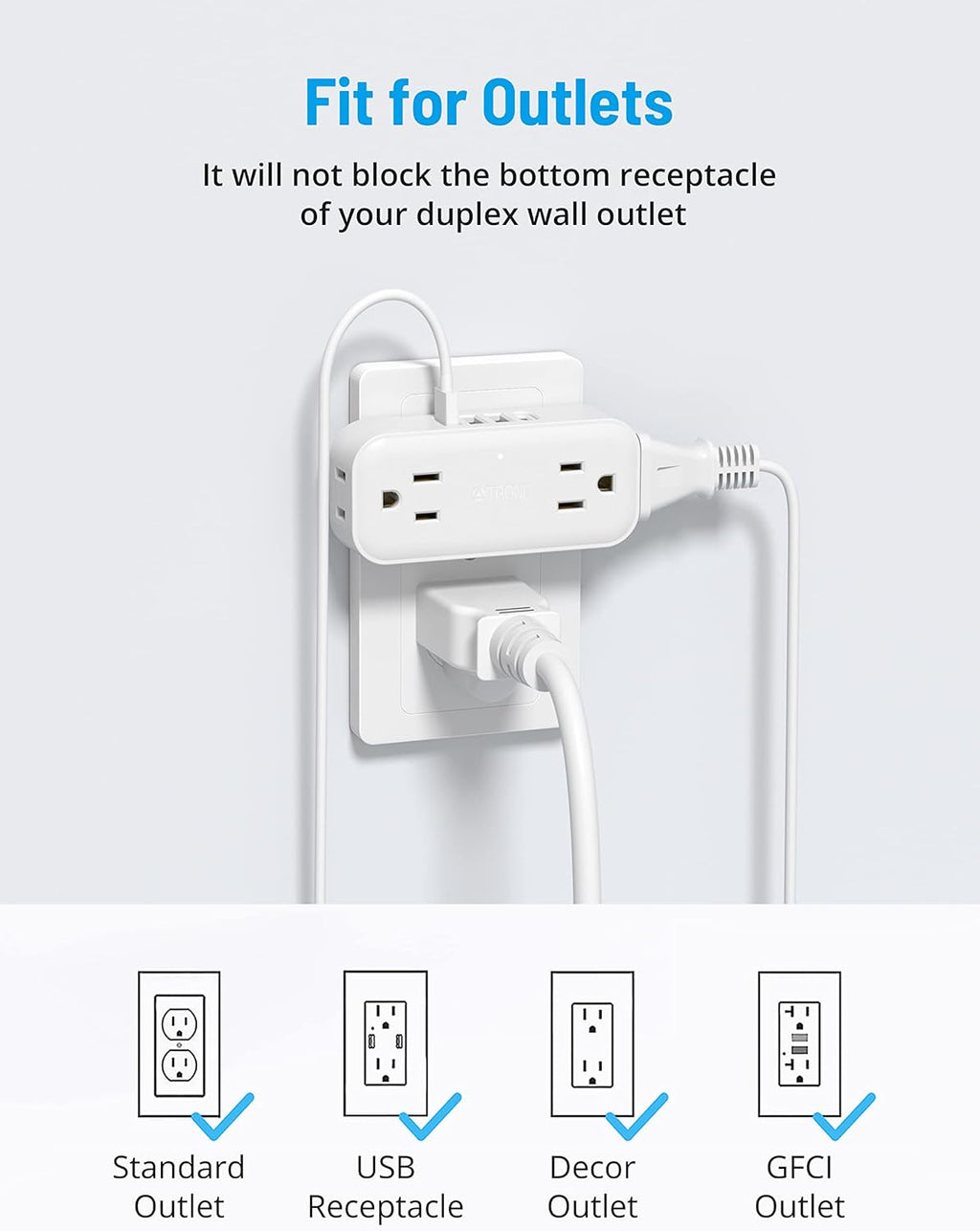 TROND Outlet Extender, 4 Electrical Outlets 4 USB Ports (1 USB C), White K39734