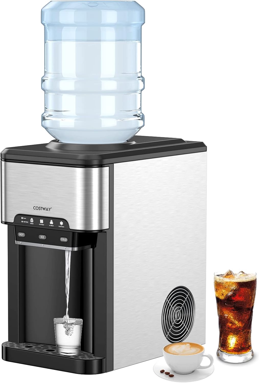COSTWAY Water Dispenser with Ice Maker, Hold 3-5 Gallon Bottle, 3-in-1 Countertop Top-Loading Hot Cold Water Cooler Machine for Home Office, Safety Lock, 48Lbs/24H, 12 Cubes, 4Lbs Storage Basket