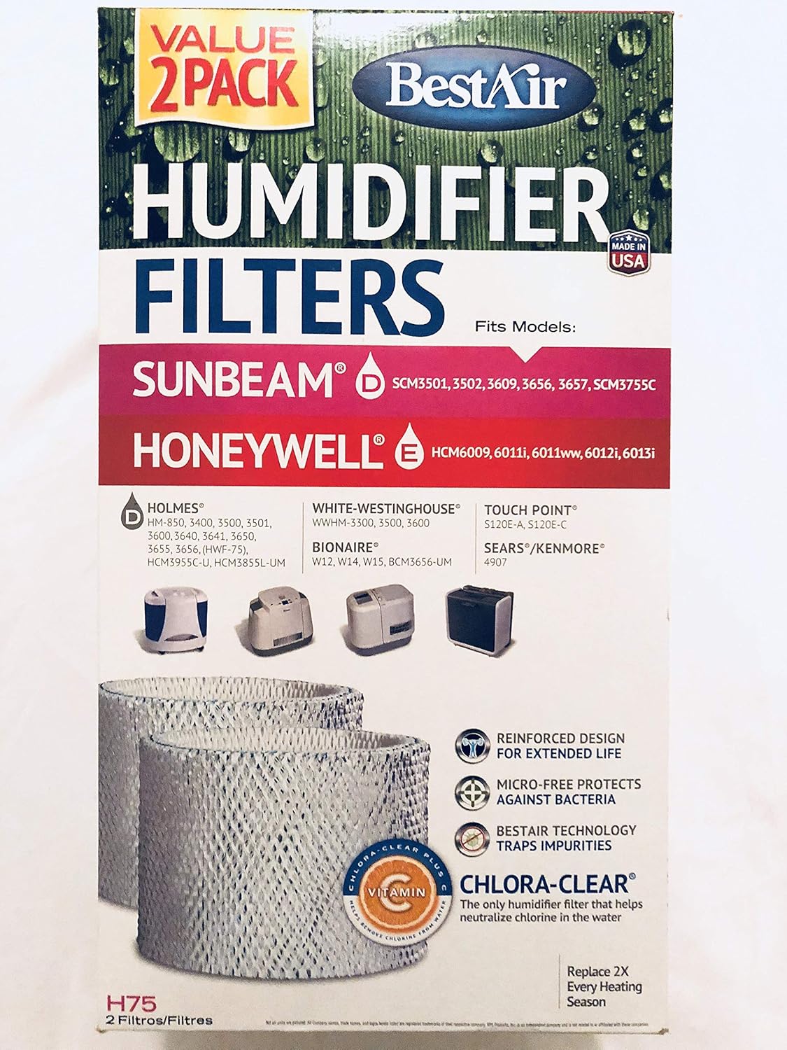 BestAir H75-2 Pack, Holmes Replacement, Paper Wick Humidifier Filter, 7.9" x 2.6" x 14"
