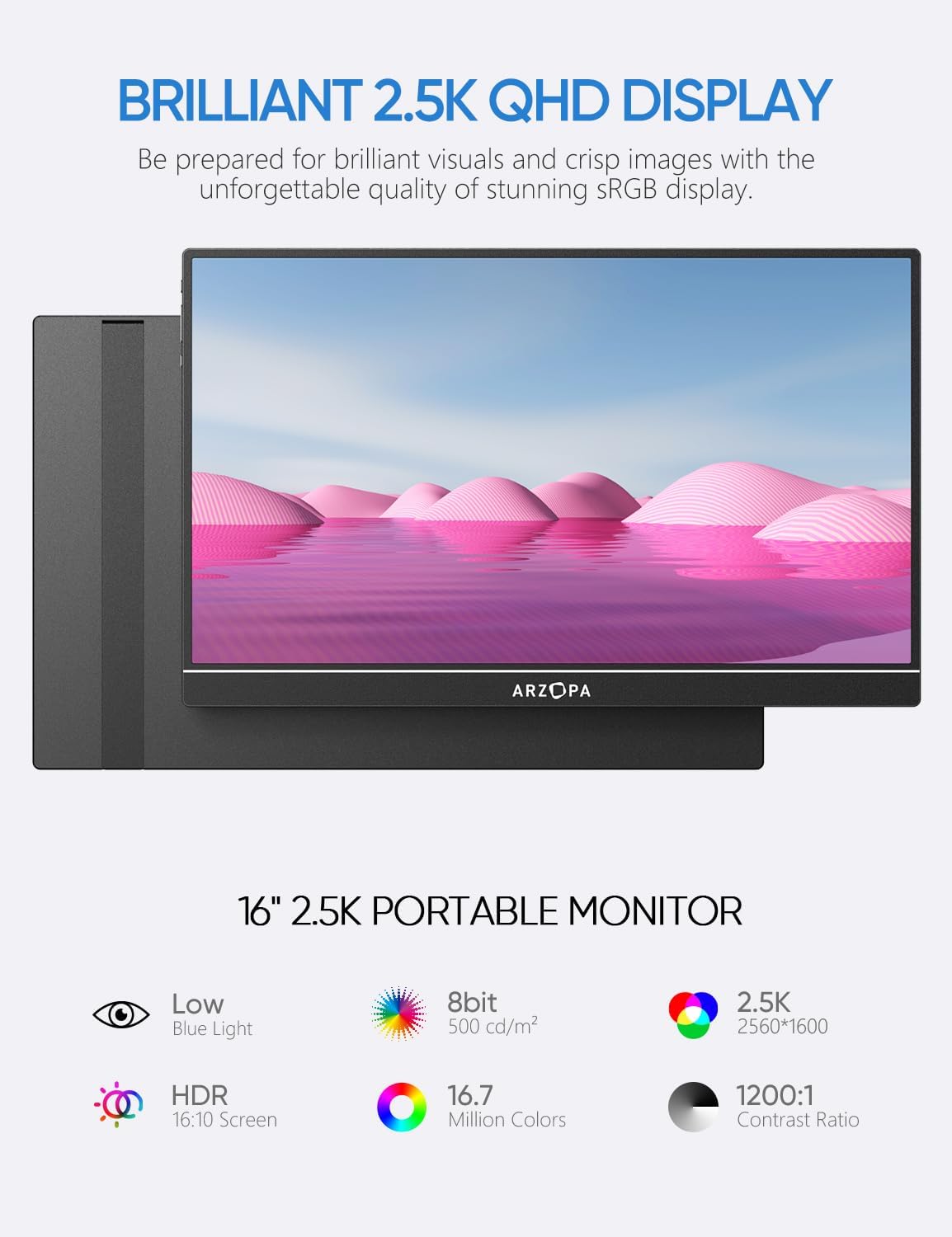 ARZOPA 2.5K Portable Monitor 16" HDR USB-C HDMI Laptop Monitor E457412