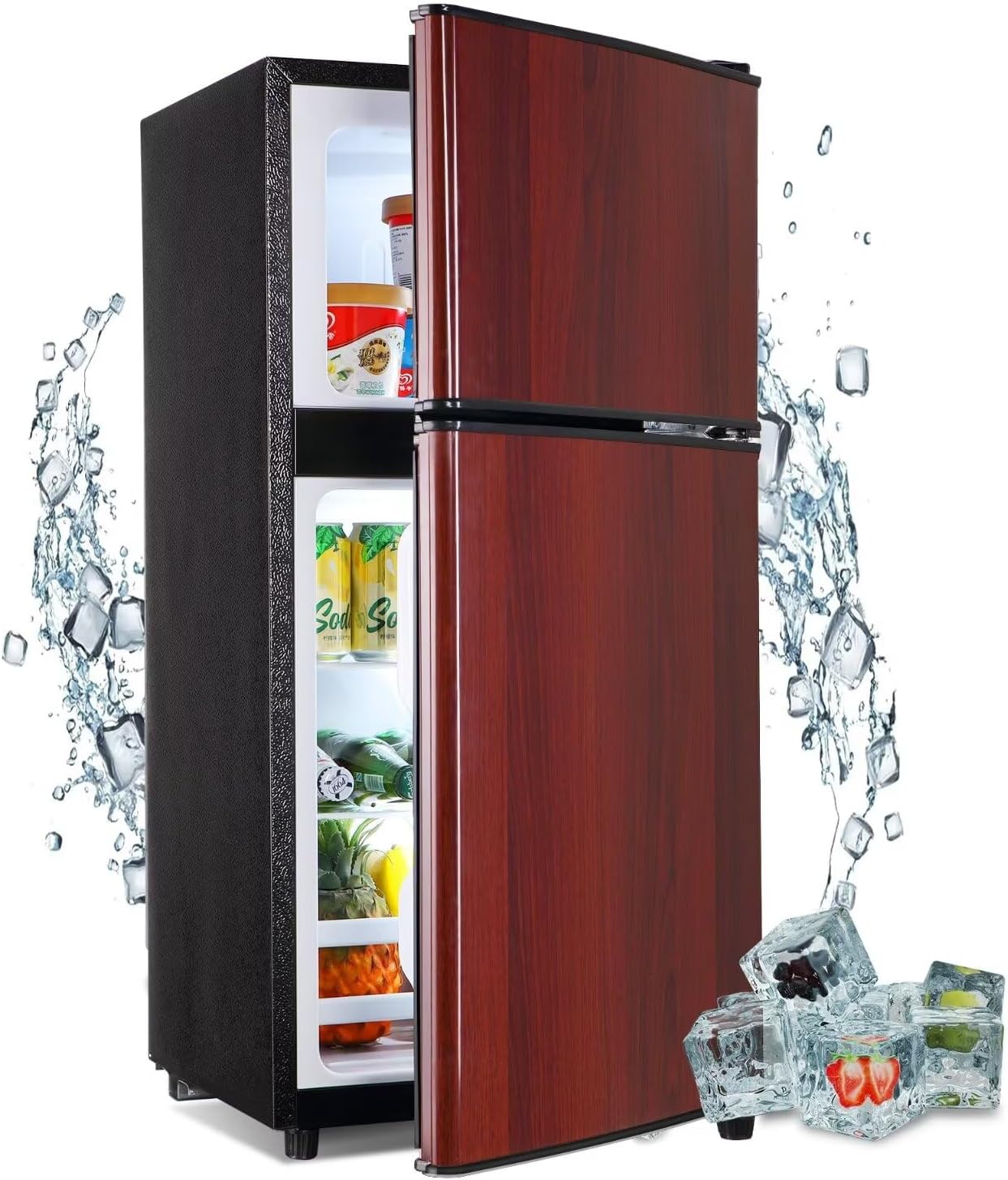 Compact Refrigerator, 3.5 Cu.Ft Small Fridge with Double Door, Apartment Size Refrigerator with 7 Level Adjustable Thermostat Control Perfect for Kitchen Dorm Apartment Office Wood