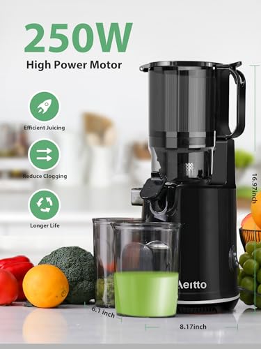 Aeitto Cold Press Juicer, 250W Whole Fruit Juicer with Wide Mouth D22250