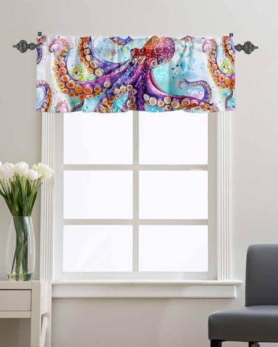 BUWOOGER Rod Pocket Window Valances Summer Watercolor Coastal Octopus Short Kitchen Curtains Ocean Marine Theme Sealife Window Treatment Drapes for Bedroom Bathroom Living Room 54x18IN,1 Panel