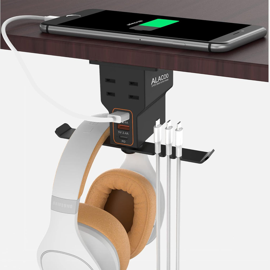 Headphone Stand with 1 Type C + 2 USB A Charging Port 2 Prong AC Outlets Power Headset Hanger Headphone Holder Hook Charging Station Under Desk for Gamer Gift Table PC Desk Earphone Gaming Accessories