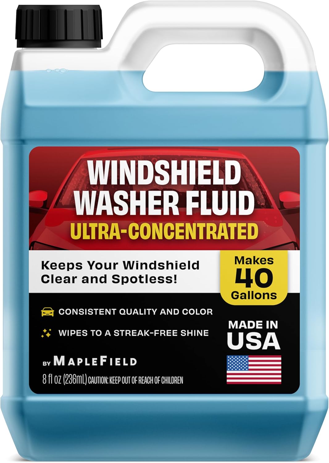 Maplefield - Windshield Washer Fluid Concentrate - All-Season, Streak-Free Car Window Cleaner - 8 fl oz, Makes 40 Gallons - Easy Capful Measurement