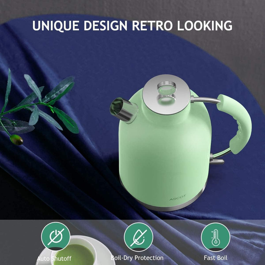 Electric Kettle ASCOT, Stainless Steel 1.5L Retro Tea Kettle, Auto Shut-Off, Matte Green W895250
