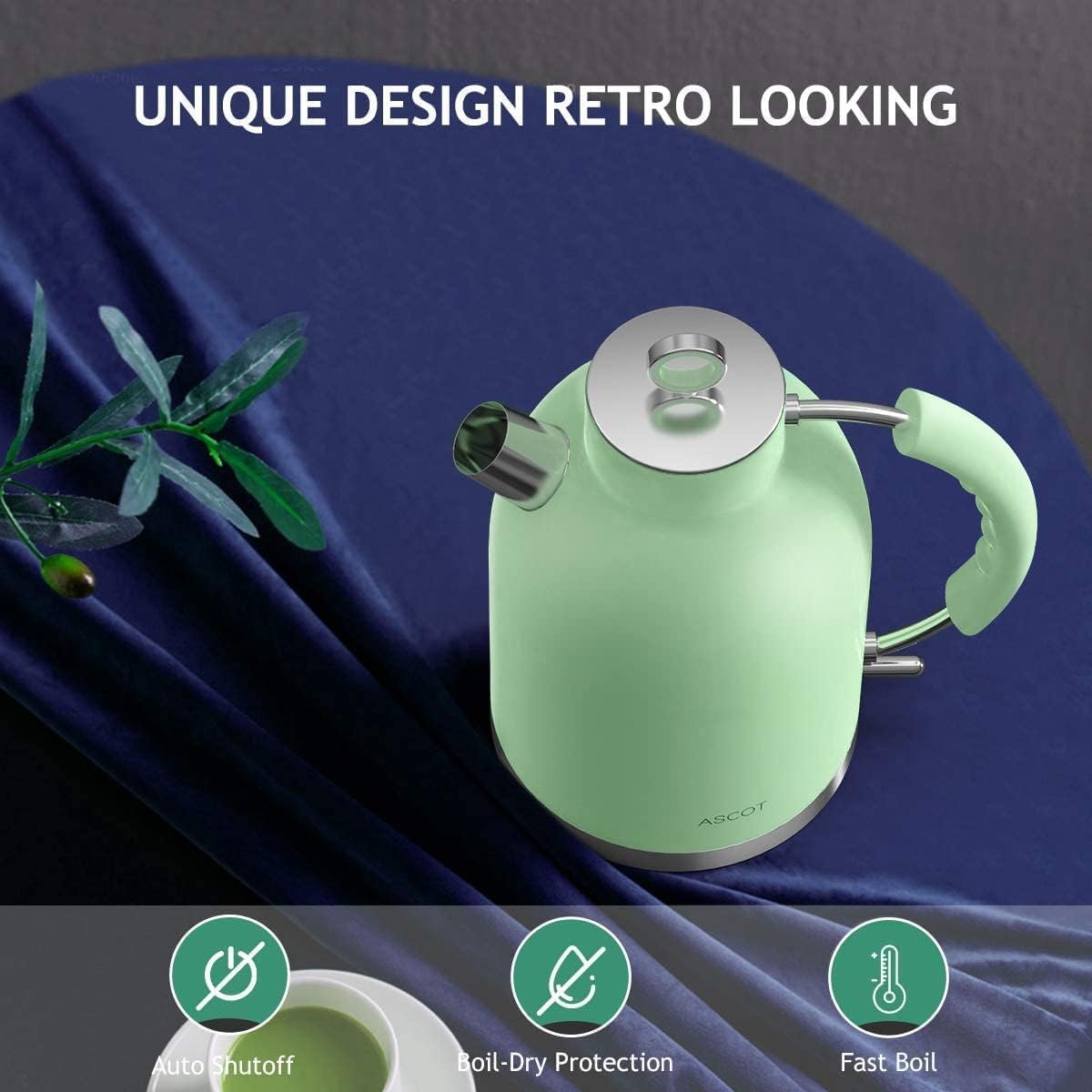 Electric Kettle ASCOT, Stainless Steel 1.5L Retro Tea Kettle, Auto Shut-Off, Matte Green W895250