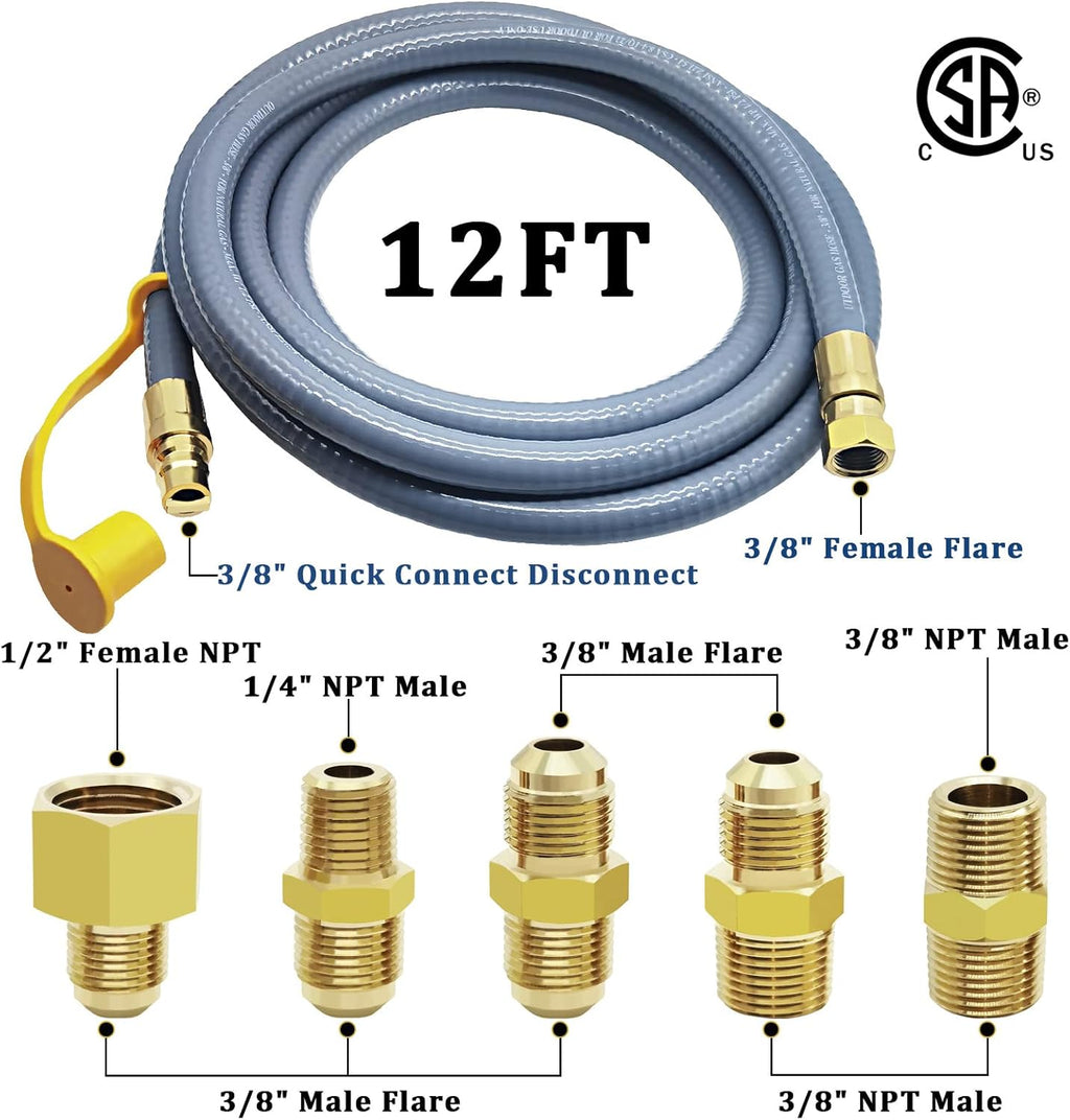 12FT 3/8" ID Natural Gas Hose with Quick Connect for Grill and Patio Heater D7562