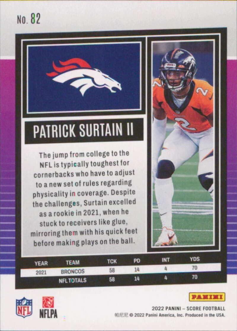 2022 SCORE #82 PATRICK SURTAIN II DENVER BRONCOS NFL FOOTBALL CARD I7356