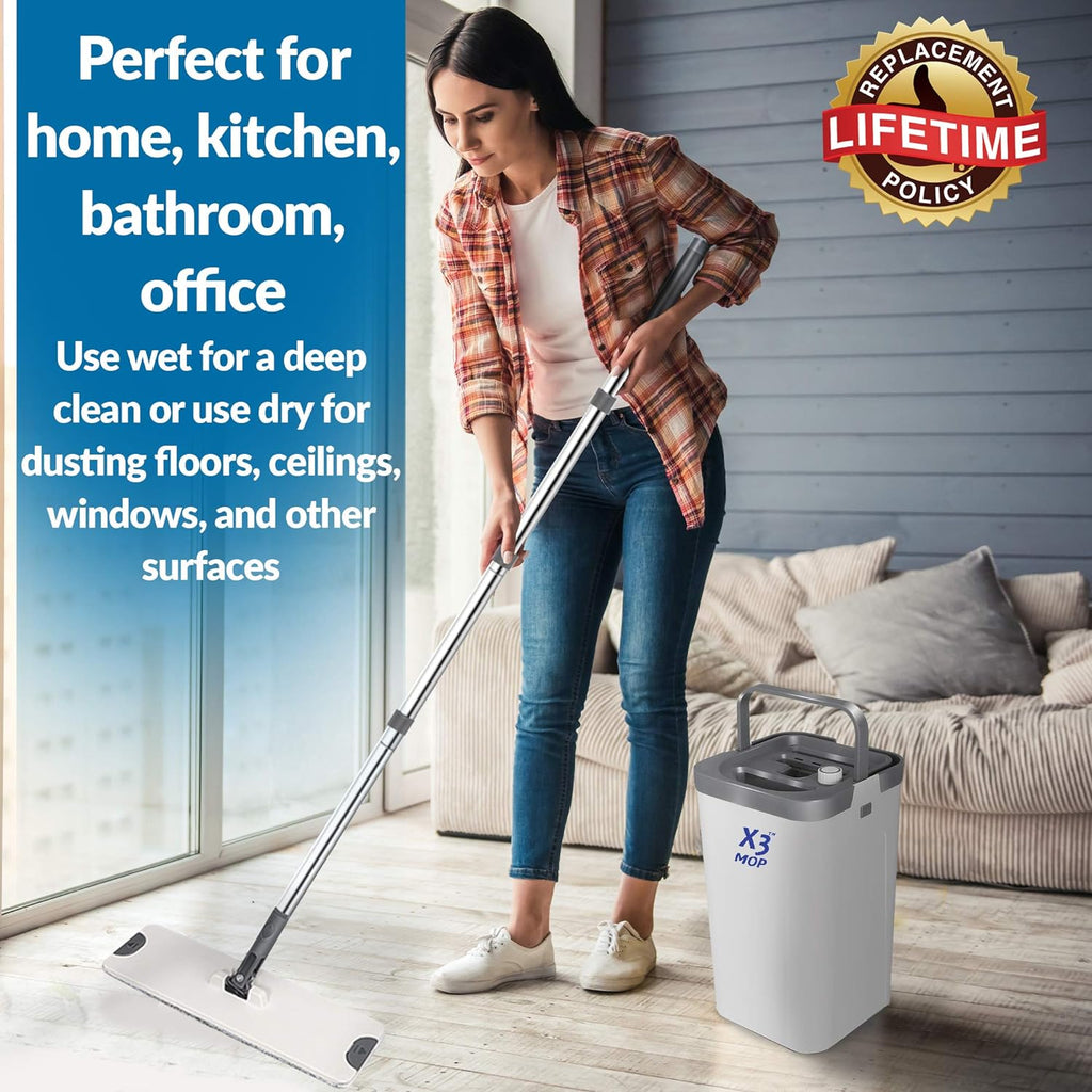 X3 Mop, 3-Chamber Flat Mop and Bucket Set with Microfiber Pads Y7798
