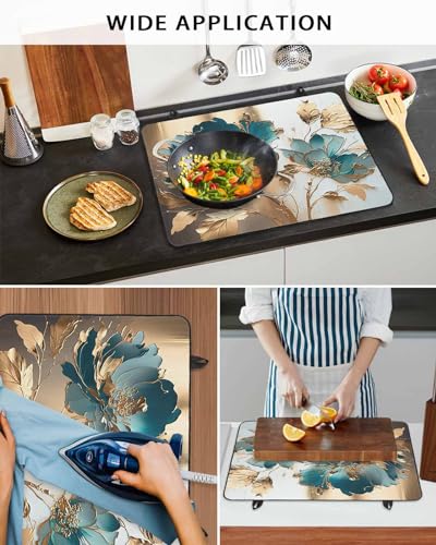 Induction Cooktop Protector Mat 24x21IN, Teal Floral Gold Foil Leaves I252059