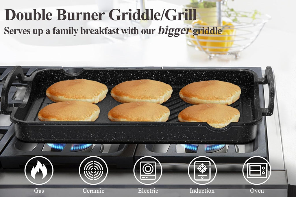 Nonstick Stove Top Griddle Pan, 16.5"x12", Double Burner Granite Cast Aluminum E95179