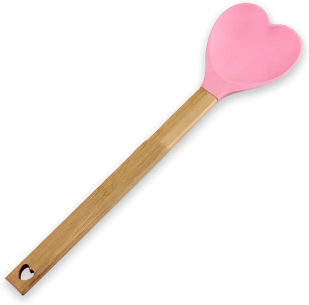 Heart shaped silicone spatula with bamboo handle, pink Q7212