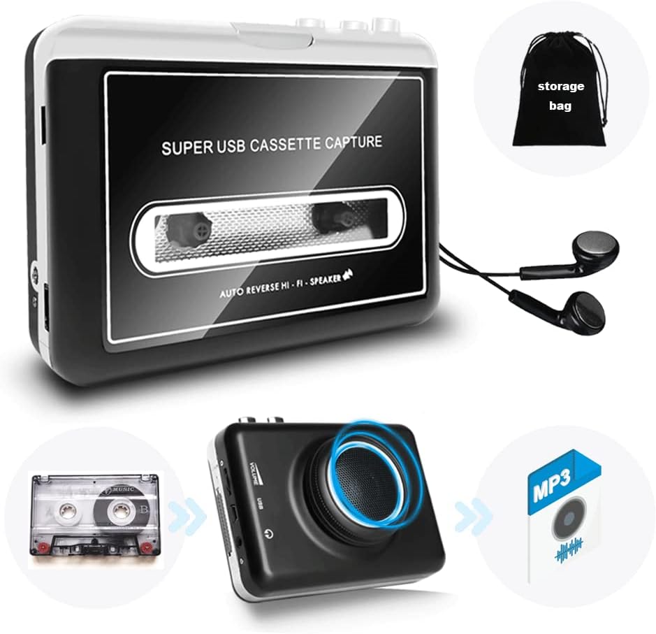 Updated Cassette Tape Player with Speaker Portable Cassette to MP3 Converter Audio Cassette to Digital Converter via USB Auto Reverse Clear Stereo Compatible with Mac Laptops & Personal Computers