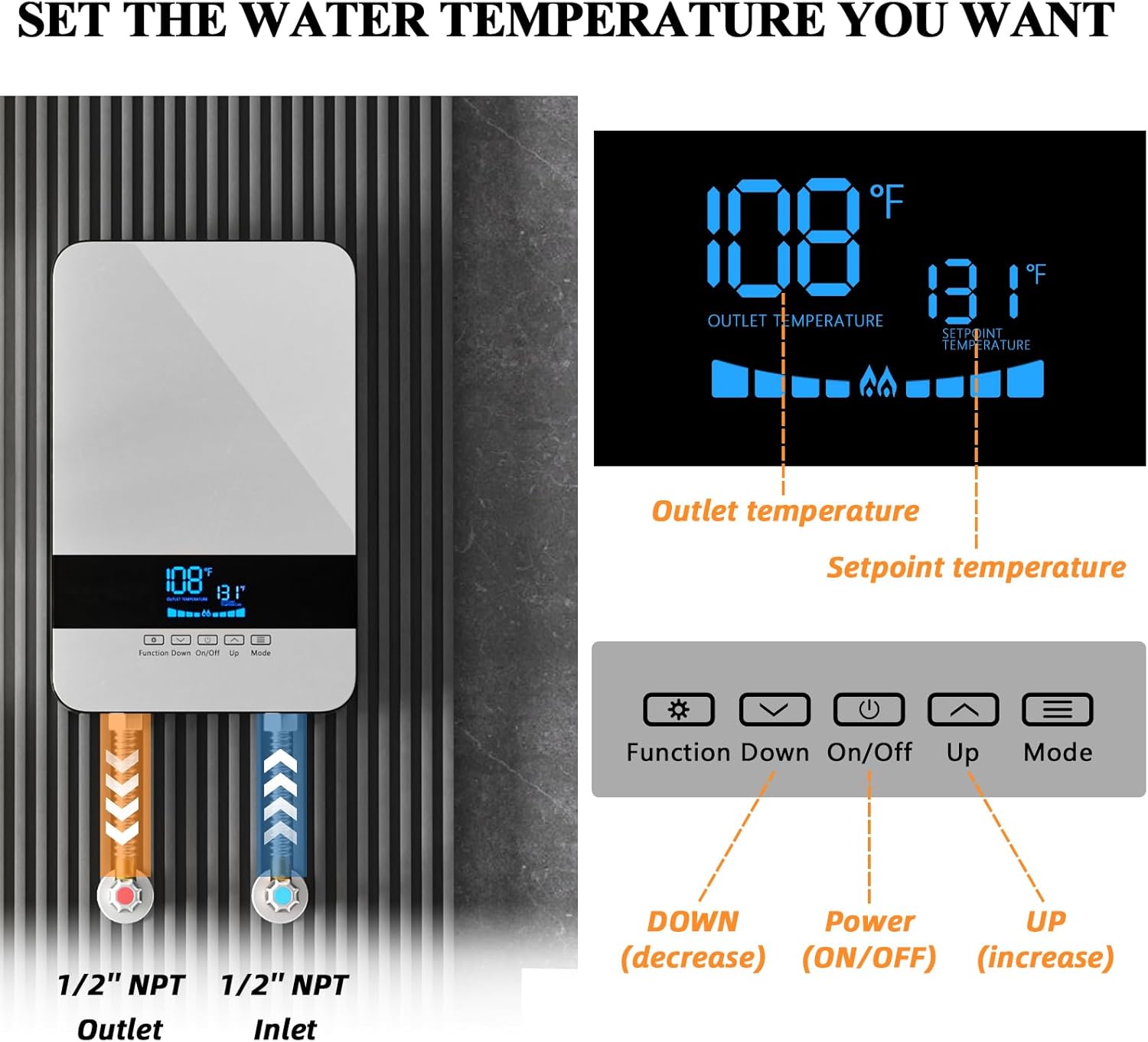 Electric Tankless Water Heater 8.5KW 240V, Point of Use with Digital Display P649