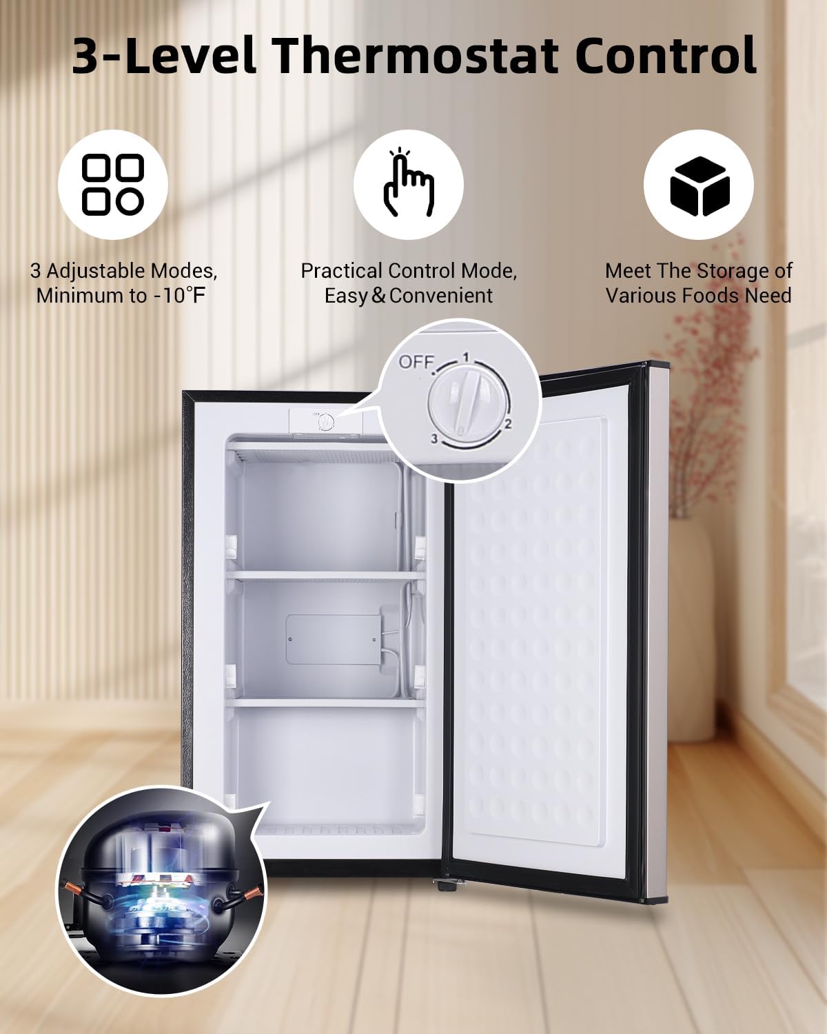 Compact Upright Freezer 3.2 Cu Ft with Adjustable Thermostat, Silver S79588