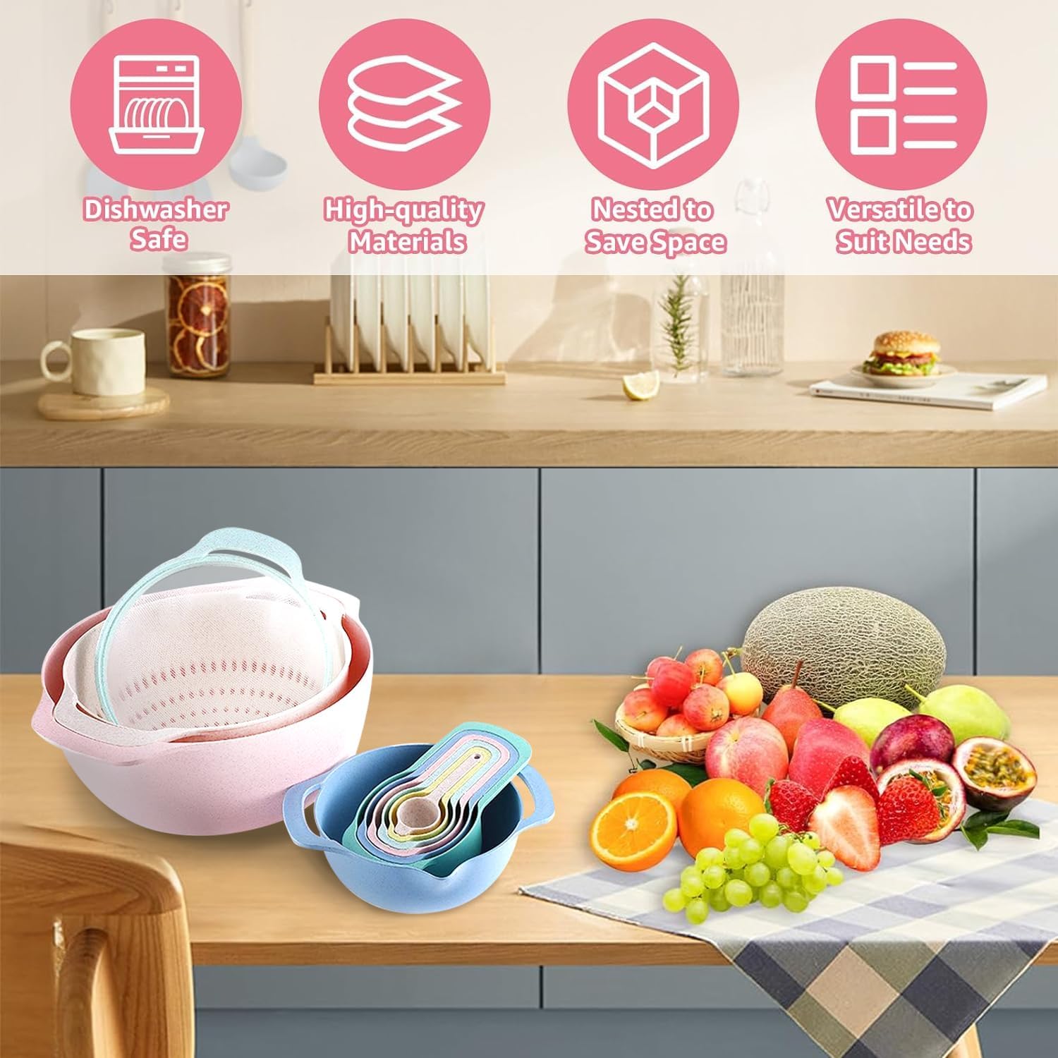 10 Piece Nesting Serving Bowls with Measuring Cups Colander and Sifter Set E763032