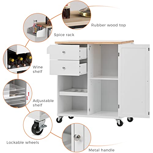 Kitchen Island Cart on Wheels with Storage, Rubberwood Top, 2 Drawers U912598