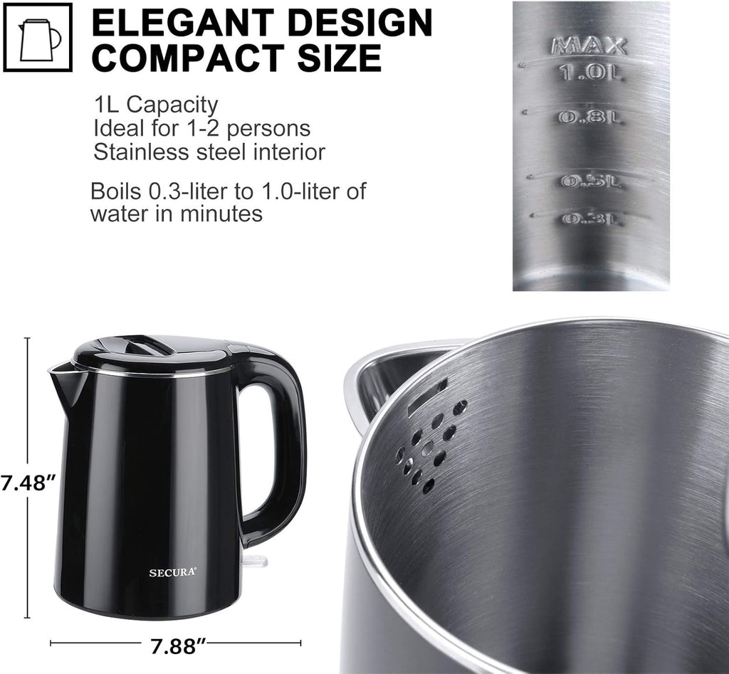 Secura Stainless Steel Double Wall Electric Kettle 1.0L Black E806