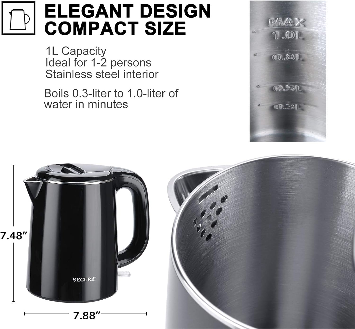 Secura Stainless Steel Double Wall Electric Kettle 1.0L Black E806
