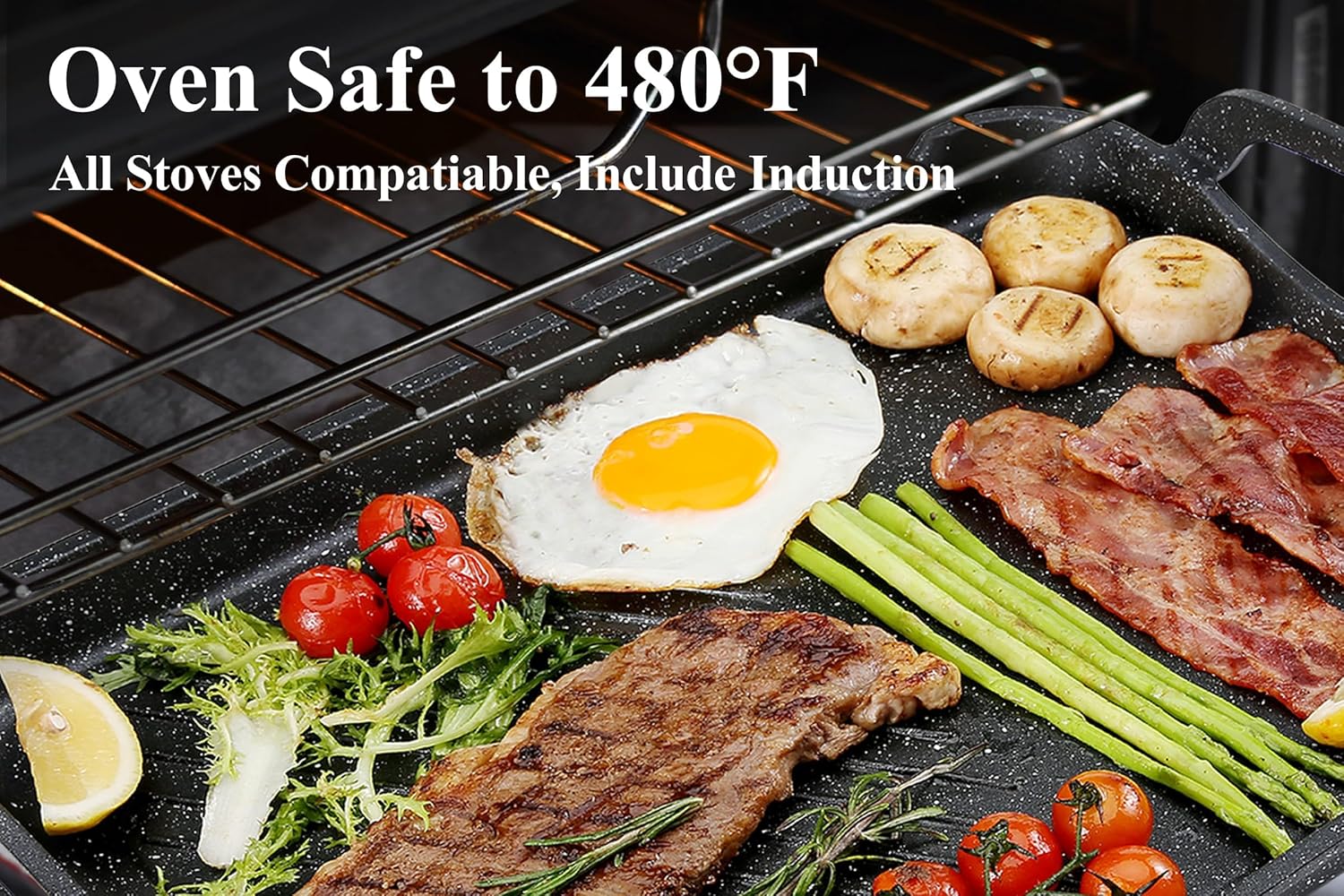 Nonstick Stove Top Griddle Pan, 16.5"x12", Double Burner Granite Cast Aluminum E95179