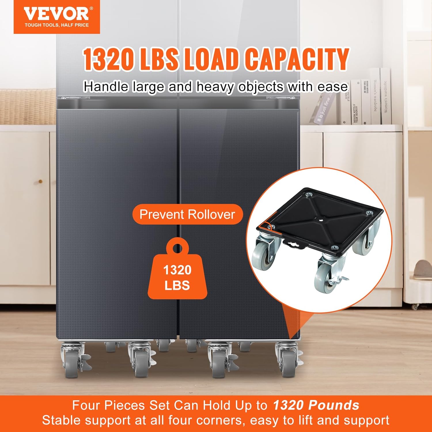 VEVOR Heavy Furniture Movers, Carbon Steel Dolly, 360° Rotatable Wheels with Brakes, 1320 lbs Capacity D187