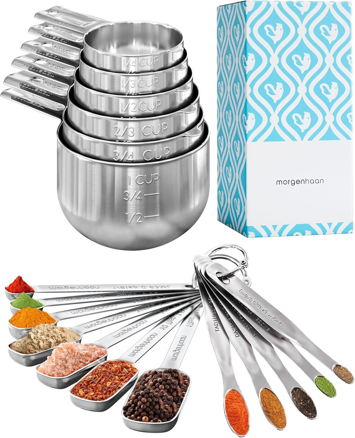 Stainless Steel Measuring Cups and Spoons Set - Heavy Duty, Dishwasher Safe 18-Piece Set - Made for Baking, Cooking including Metric Measures