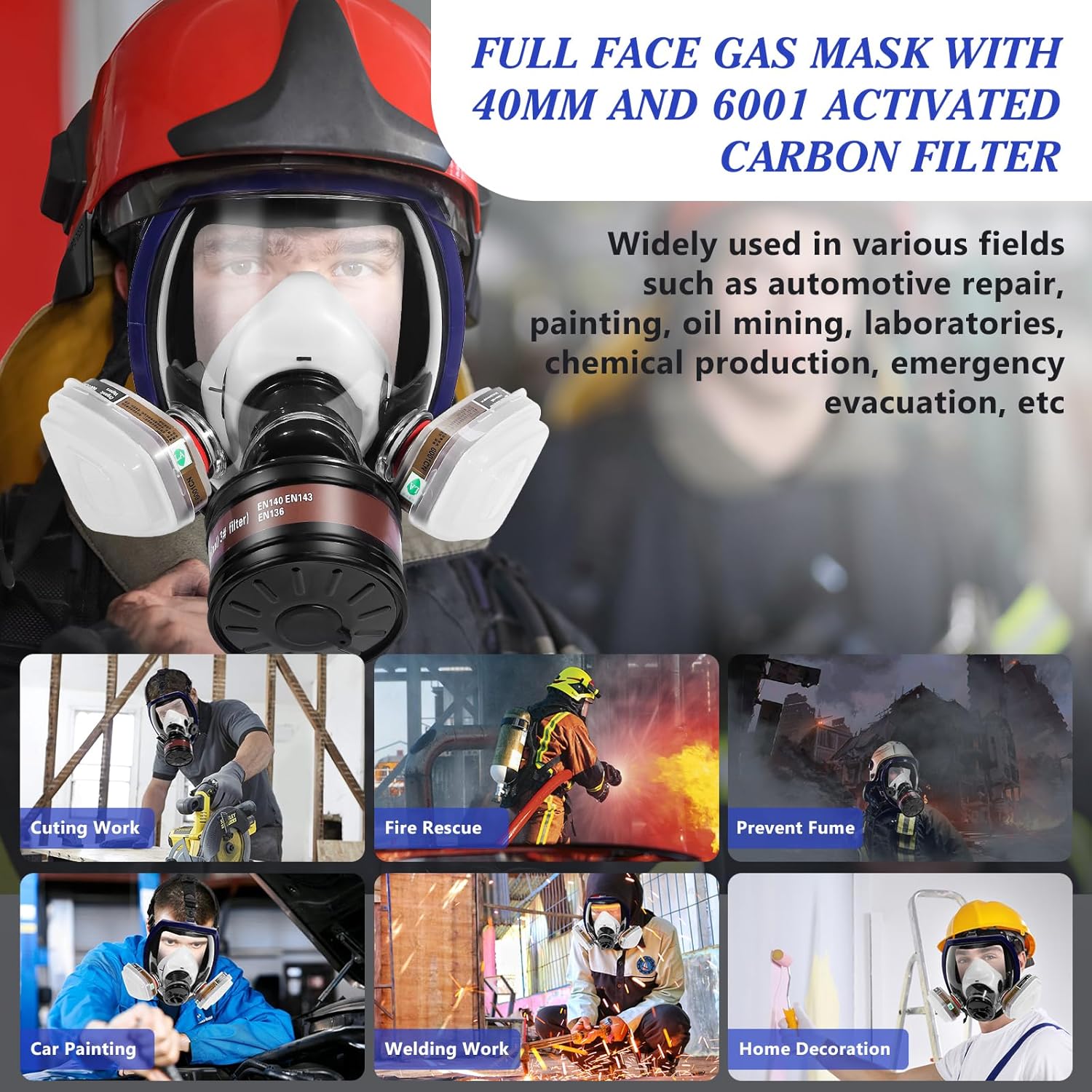 Full Face Gas Mask with 40MM & 6001 Activated Carbon Filters Z440