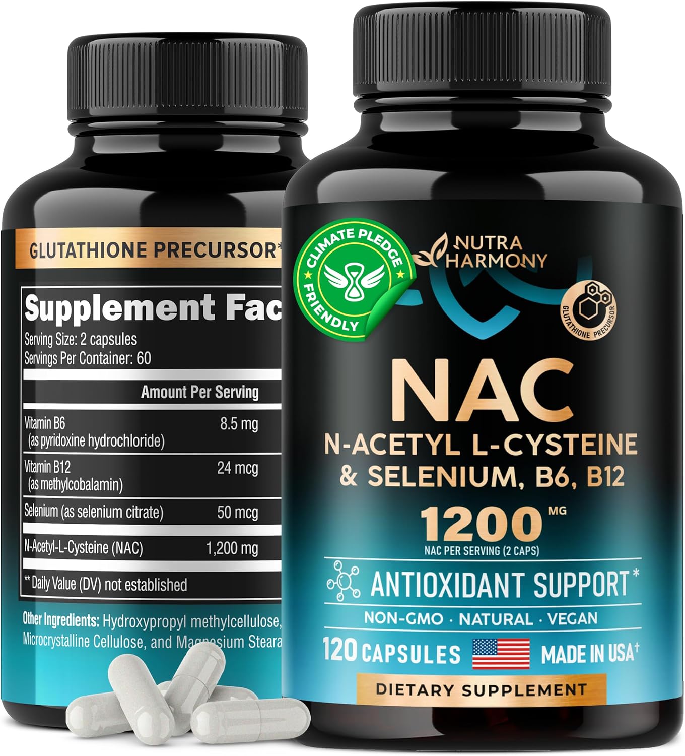 NAC Supplement | Selenium | B6 | B12 - Antioxidant, Immune Support - N Acetyl Cysteine 600 mg per Capsule, 1200 mg per Serving - Made in USA - Non-GMO, Gluten-Free, Vegan - 2 Month Supply