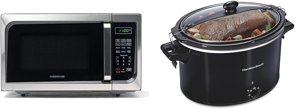 Farberware Countertop Microwave 900 Watts, 0.9 cu ft - Microwave Oven With LED Lighting & Hamilton Beach Slow Cooker, Extra Large 10 Quart, Stay or Go Portable With Lid Lock, Dishwasher Safe