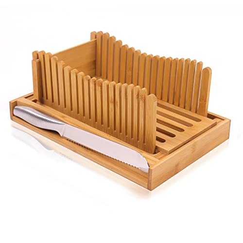 Bamboo Bread Slicer for Homemade Bread，foldable adjustable Slicing width with sturdy bamboo cutting board