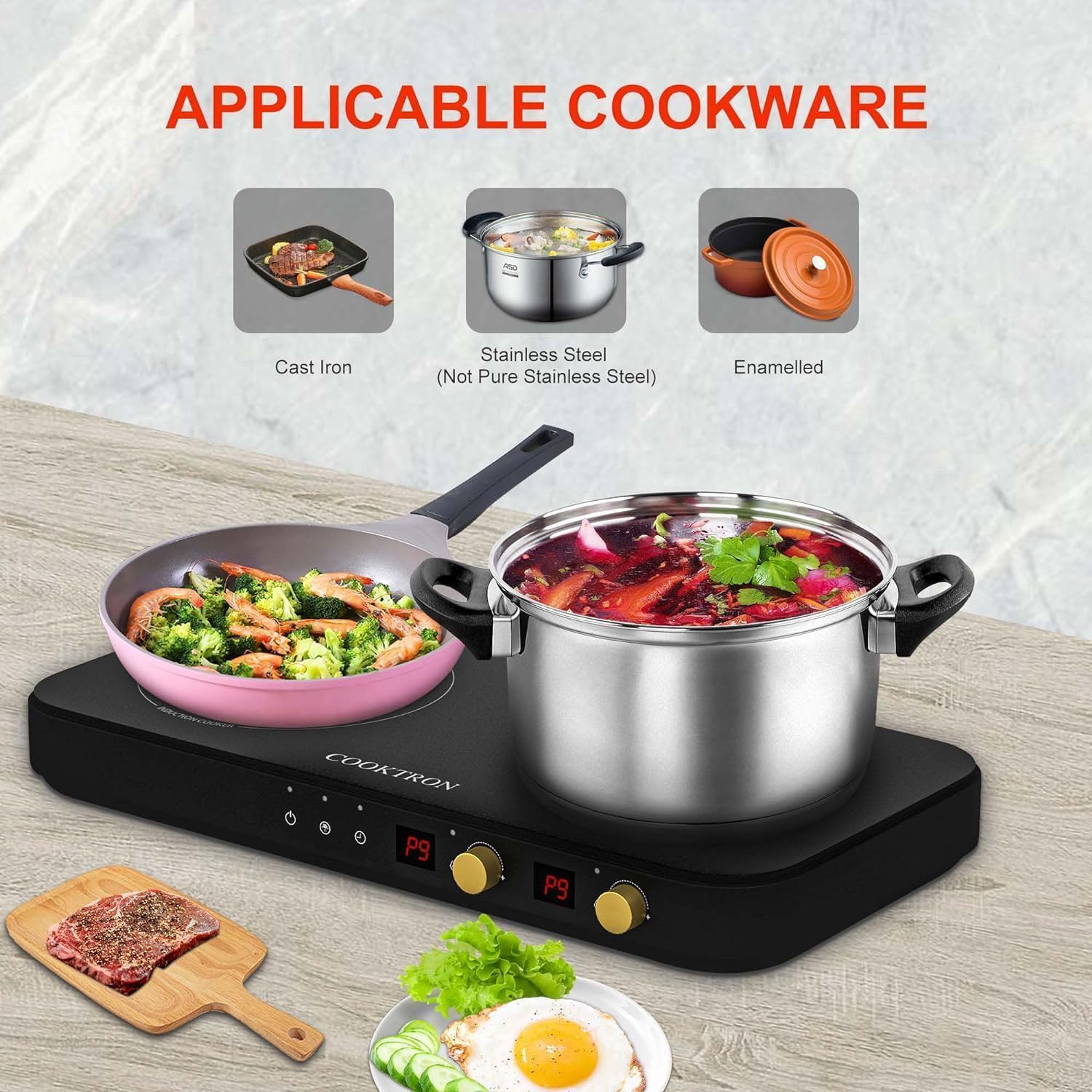 Induction Cooktop 2 Burner Portable with Removable Cast Iron Griddle S528177