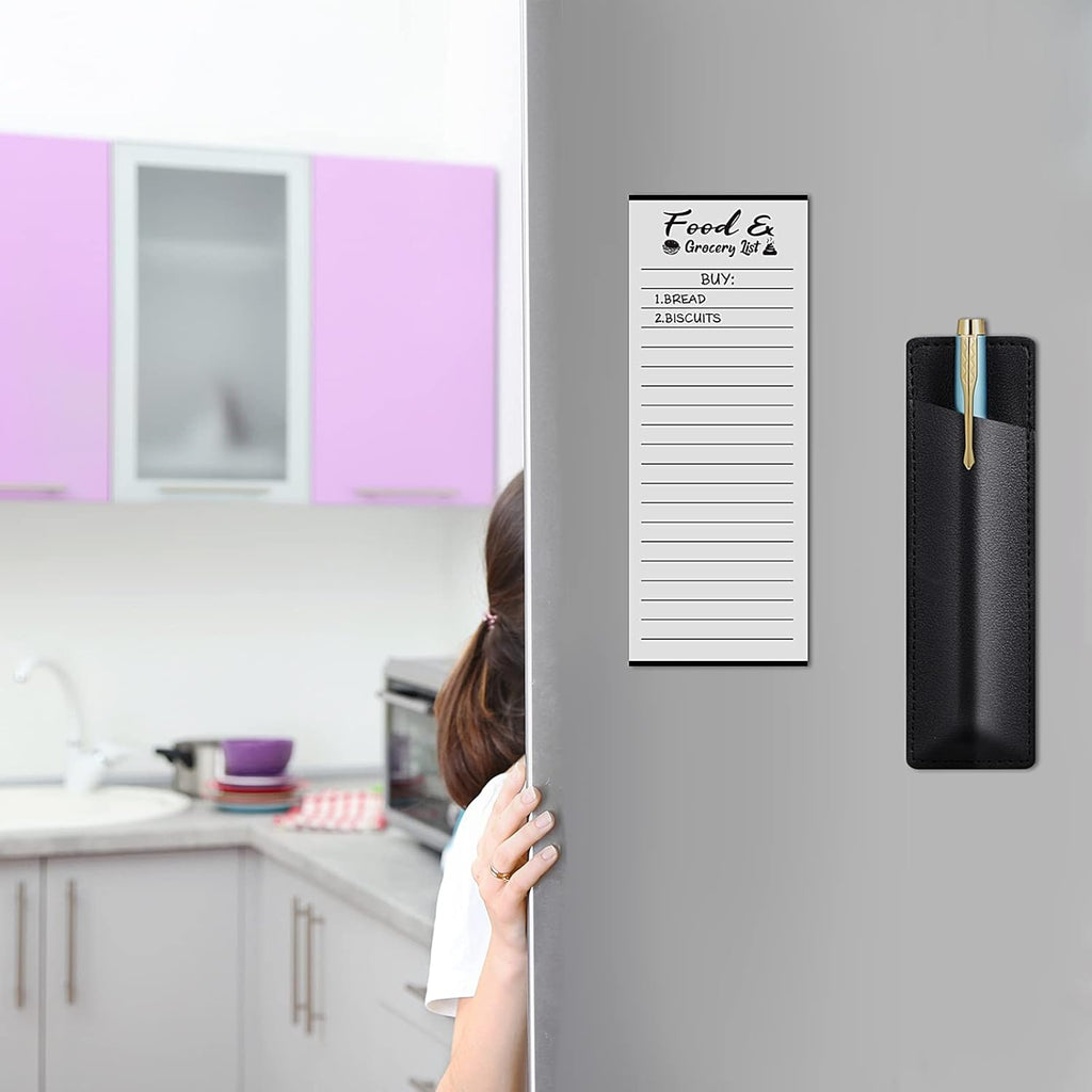 2 Pieces Magnetic Grocery List Set with Pen Holder, PU Leather Notepad for Refrigerator Q69733