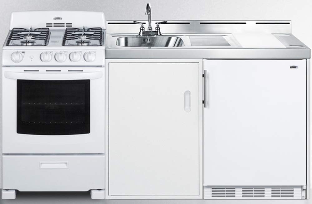 Summit Appliance ACK72GASW 72" Wide All-in-One Kitchenette with 115V 4-Burner Gas Range, Refrigerator-Freezer, Sink, Cutting Board and Cutlery Storage, and a Storage Cabinet