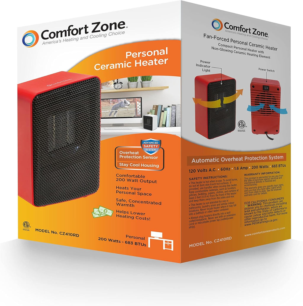 Comfort Zone CZ410RD 200W Portable Ceramic Desktop Heater with Fan, Red Z52347